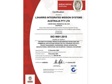 ISO 9001:2015 Certificate, L3Harris Integrated Mission Systems Australia Pty Ltd thumbnail image