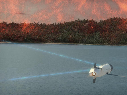 Launched effect connects with other assets as it flies over water toward land