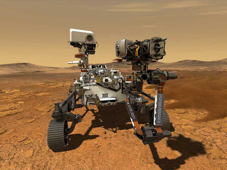 An illustration of NASA's Perseverance rover on the surface of Mars.