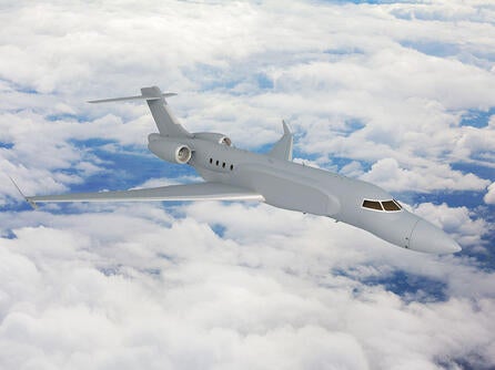 L3Harris' concept graphic of the right side, forward view of the AERIS X Bombardier Global 6500 Variant in flight with sky and cloud background thumbnail image