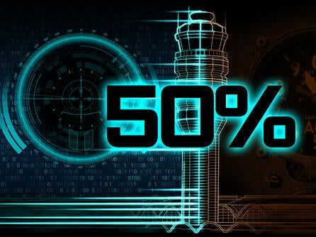 L3Harris' concept graphic of 50% text over rendering of air traffic control tower and gauges, thumbnail image