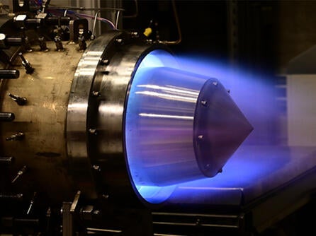 A Rotating Detonation Engine being hot fire tested at Purdue University’s Zucrow Laboratories.