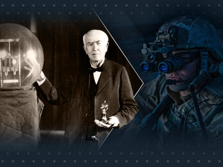 Archive image of Thomas Edison with modern image of soldier with night vision goggles