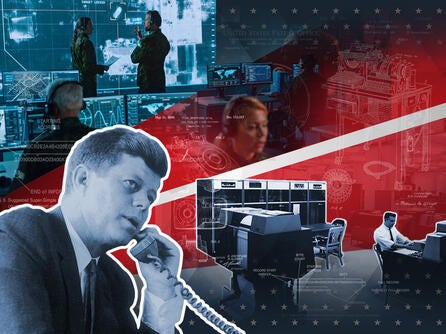 President JFK talks on phone with modern-day communications in background