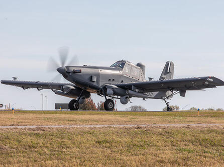 L3Harris’ SKY RAIDER II INTERNATIONAL™ aircraft is showcased at the company’s facility at the Tulsa, Oklahoma International Airport.