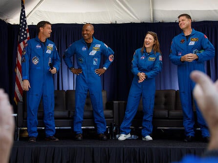 Astronauts Reid Wiseman, Victor Glover, Christina Koch and Jeremy Hansen, visit the L3Harris site in Los Angeles following successful completion of the Artemis II mission.