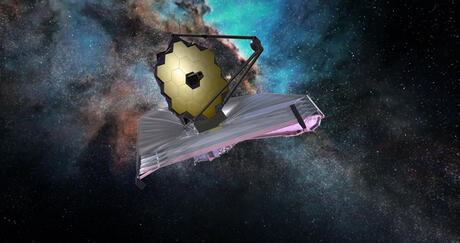 Rendering of James Webb Space Telescope over space nebula background