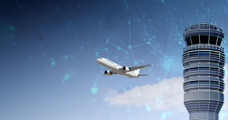 L3Harris' Air Traffic Management Solutions render of aircraft in flight and control tower off to the side. Thumbnail image