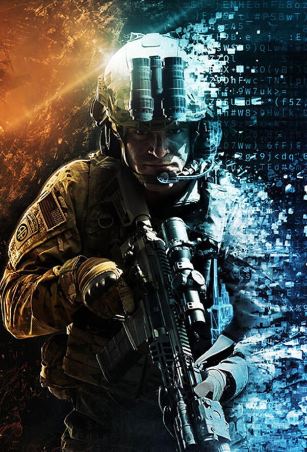 soldier surrounded by clouds with digital links