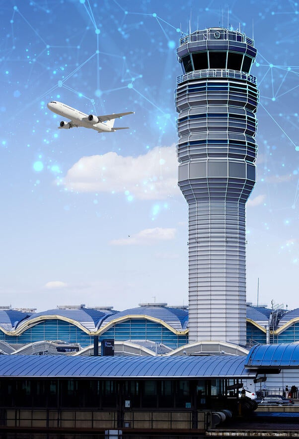 L3Harris' render of domestic airport with ascending aircraft and air traffic control tower in view