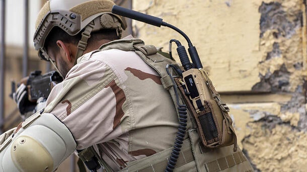 Soldier wearing L3Harris Falcon III® RF-7850S Secure Personal Radio