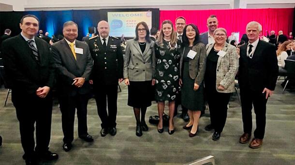 Group photo: Ugo Paniconi, Rangesh Kasturi, Col Viktor Siromakha (Embassy of Ukraine), Ambassador Yuliya Kovaliv, Nathalie Michaud, Cameron McKenzie, Jane Guo, Bernard Gagnon, Richard Foster