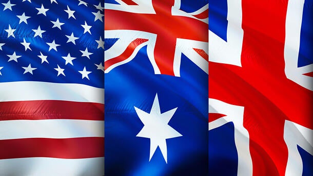 Image of the United States, United Kingdom, and Australia flags. L3Harris' applauds the trilateral partnership among Australia, the United Kingdom, and the United States, which will facilitate and accelerate progress – in collaboration with the government, industry and emerging new technology companies.
