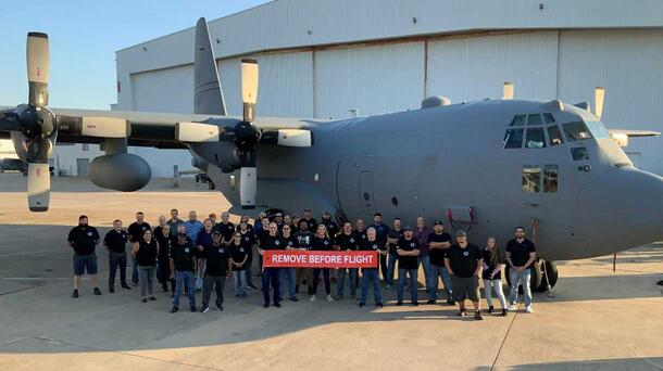 L3Harris’ Waco Team celebrating the first flight milestone for the C-130H upgraded avionics