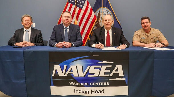 Aerojet Rocketdyne Teams with Indian Head Naval Surface Warfare Center Pictured left to right: Tyler Evans, President of Missile Solutions, Aerojet Rocketdyne; Ross Niebergall, President, Aerojet Rocketdyne; Ashley Johnson, Technical Director, NSWC IHD; Navy Capt. Steve Duba, Commanding Officer, NSWC IHD