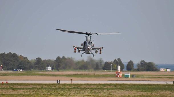 Helicopter lands at air field