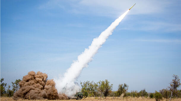 GMLRS rocket flies through sky