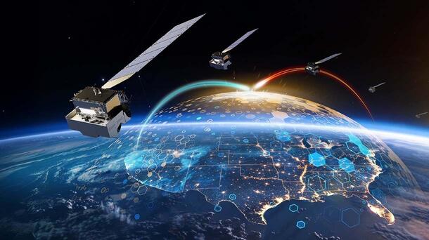 Satellites hover over earth with dome protecting United States