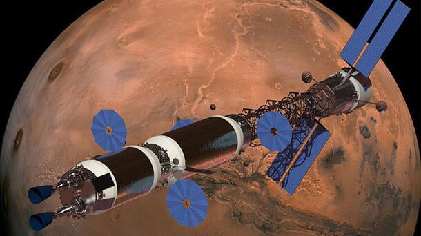 Artist rendering Nuclear Thermal Propulsion vehicle concept at Mars.