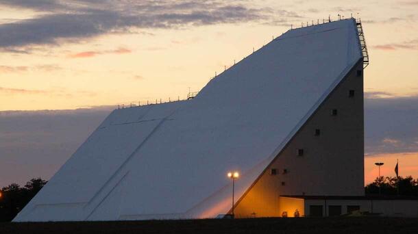 10-story radar at sunset