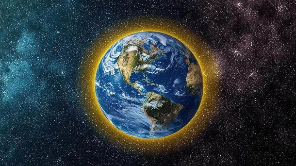 Earth from space with a yellow glow around the atmosphere