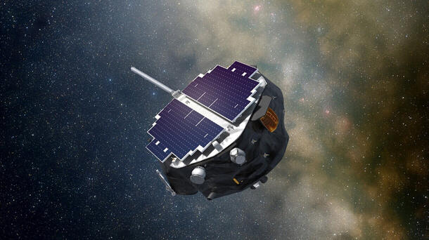 An artist’s depiction of NASA’s IMAP (Interstellar Mapping and Acceleration Probe (IMAP) spacecraft. Credit: NASA/Princeton/Patrick McPike