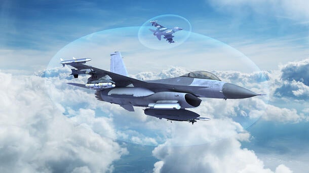 L3Harris render of Viper Shield, a virtual electronic shield, around the soaring F-16 aircraft