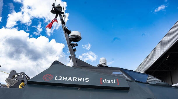 Top of the Defence Science and Technology Laboratory’s MAST-13 uncrewed surface vehicle (USV) where L3Harris' advanced Distributed Spectrum Collaboration and Operations (DiSCO) technology is showcased.