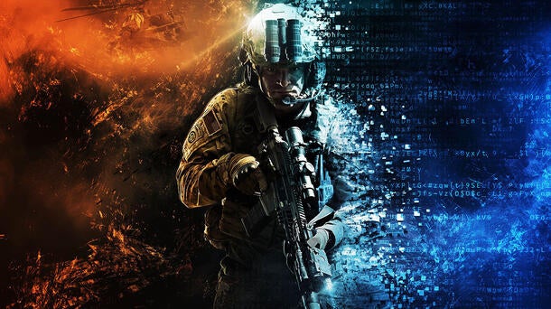 soldier surrounded by clouds with digital links