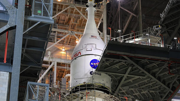 The Orion spacecraft for NASA’s Artemis II mission is stacked on the Space Launch System (SLS) rocket in High Bay 3 of the Vehicle Assembly Building at Kennedy Space Center in Florida.