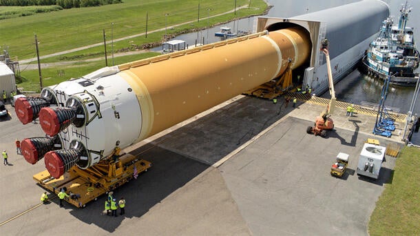 Core Stage for Artemis II Rocket Moved to Pegasus Barge for Departure to Kennedy Space Center (Image Credit: NASA)