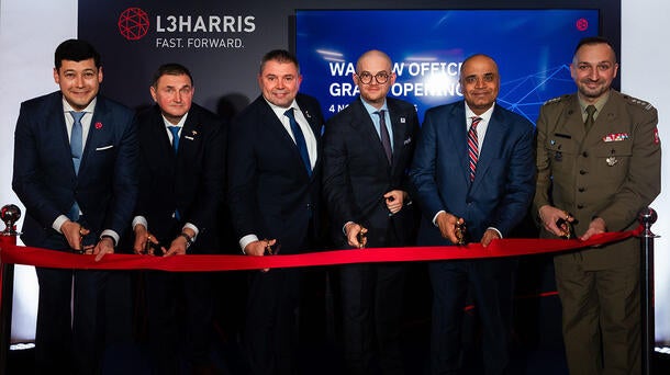 Ribbon cutting at the opening of the L3Harris facility in Warsaw Poland