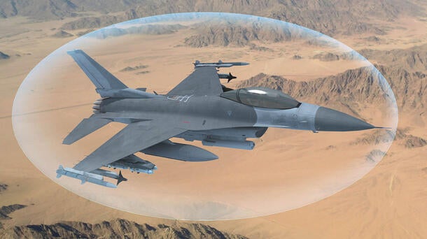 L3Harris render of Viper Shield, a virtual electronic shield, around the soaring F-16 aircraft