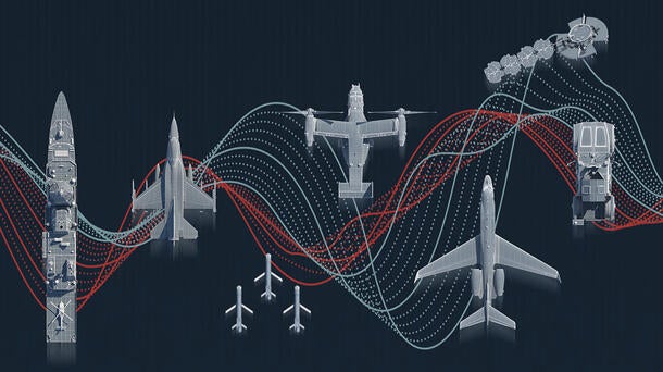 L3Harris illustration of Electronic Warfare platforms with data waveform curves in background