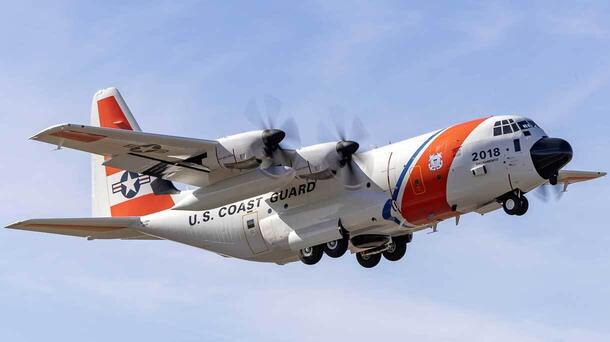 A U.S. Coast Guard C-130J aircraft during a test flight at L3Harris’ facility in Waco, Texas