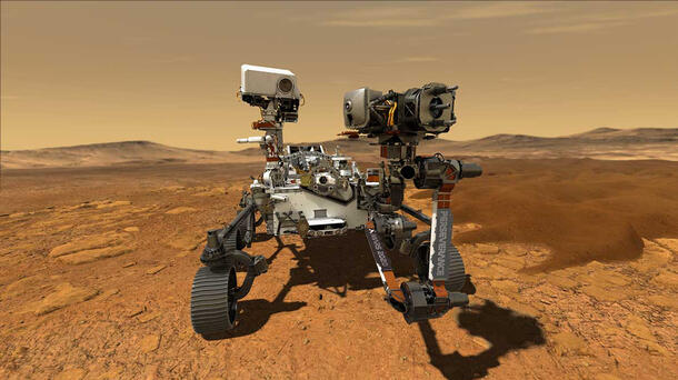 An illustration of the NASA's Perseverance rover on the surface of Mars.