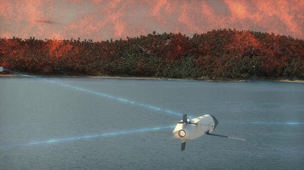 Launched effect connects with other assets as it flies over water toward land