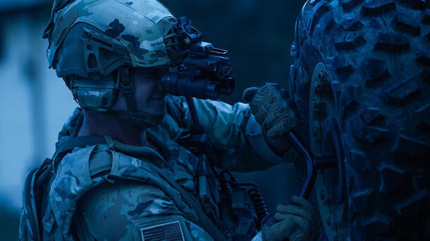 Soldier uses night vision goggles to assess a tire