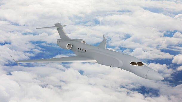 L3Harris' concept graphic of the right side, forward view of the AERIS X Bombardier Global 6500 Variant in flight with sky and cloud background