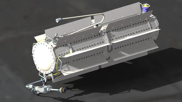 Artist's concept of the L3Harris Next Gen RTG in flight configuration, designed to provide 250 watts of reliable power for decades-long missions in deep space.