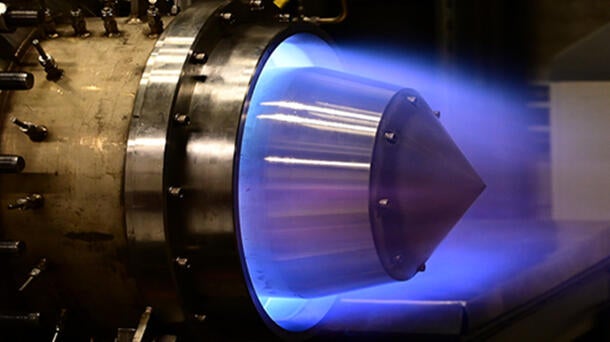 A Rotating Detonation Engine being hot fire tested at Purdue University’s Zucrow Laboratories.