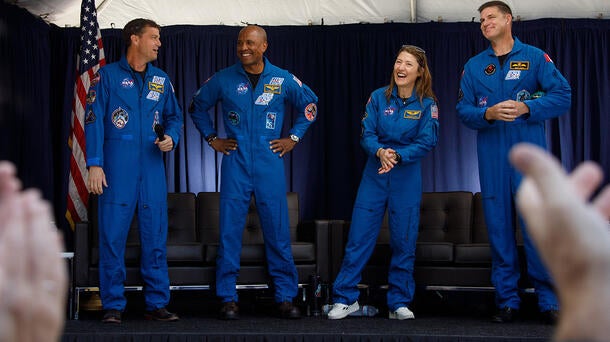 Astronauts Reid Wiseman, Victor Glover, Christina Koch and Jeremy Hansen, visit the L3Harris site in Los Angeles following successful completion of the Artemis II mission.