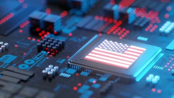 Illustration of digital circuit board with American flag