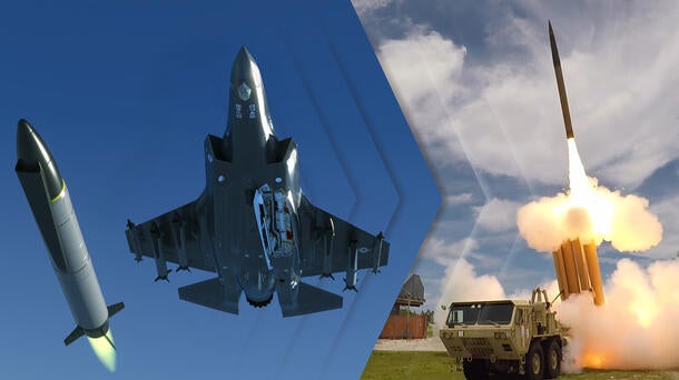 From left to right, a missiles glides through air, a jet flies through sky and a missile fires out of a launcher
