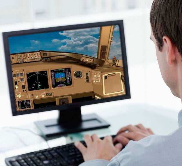 pilot using virtual flight deck software