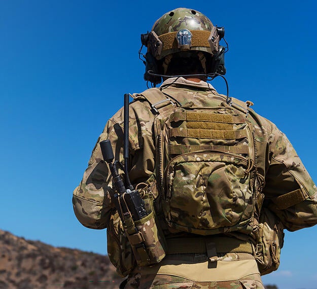 Soldier wearing Battlefield Awareness and Targeting System - Dismounted (BATS-D) Radio