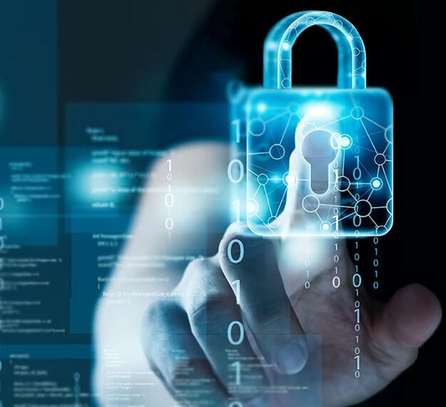 Photo of man's hand reaching out, index finger touching virtual monitor's padlock icon