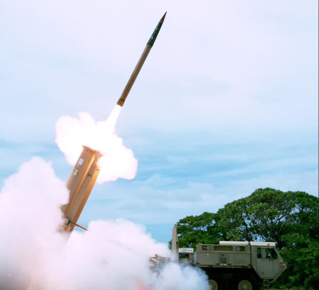A THAAD interceptor is launched from the Reagan Test Site, Kwajalein Atoll in the Republic of the Marshall Islands, during Flight Test THAAD-23. (Credit: Missile Defense Agency)