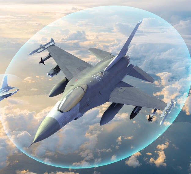 L3Harris render of Viper Shield, a virtual electronic shield, around the soaring F-16 aircraft
