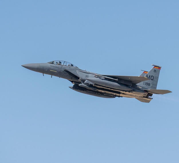 Airmen assigned to the 389th Fighter Squadron fly an F-15E Strike Eagle at Mountain Home Air Force Base, Idaho, Aug. 22, 2022.